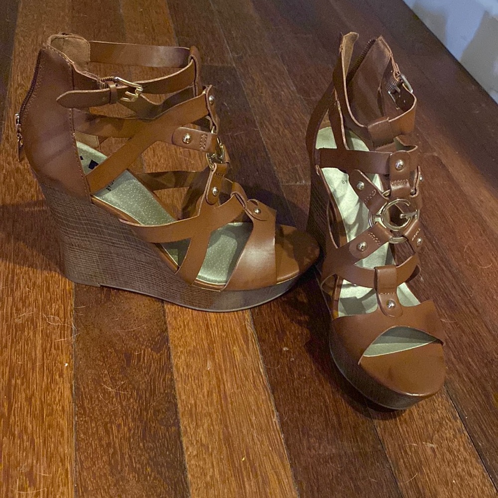 Guess brown and gold strappy wedges. 9.5 medium. Never worn